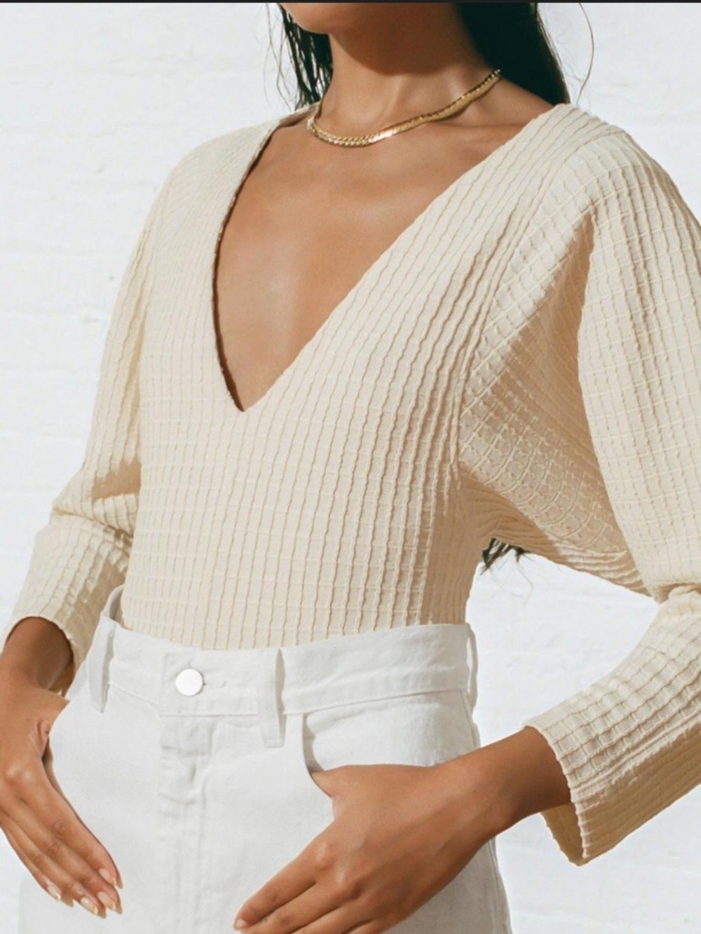 Mara Hoffman Mariana bodysuit in cream with a deep v neck and long sleeve Size L